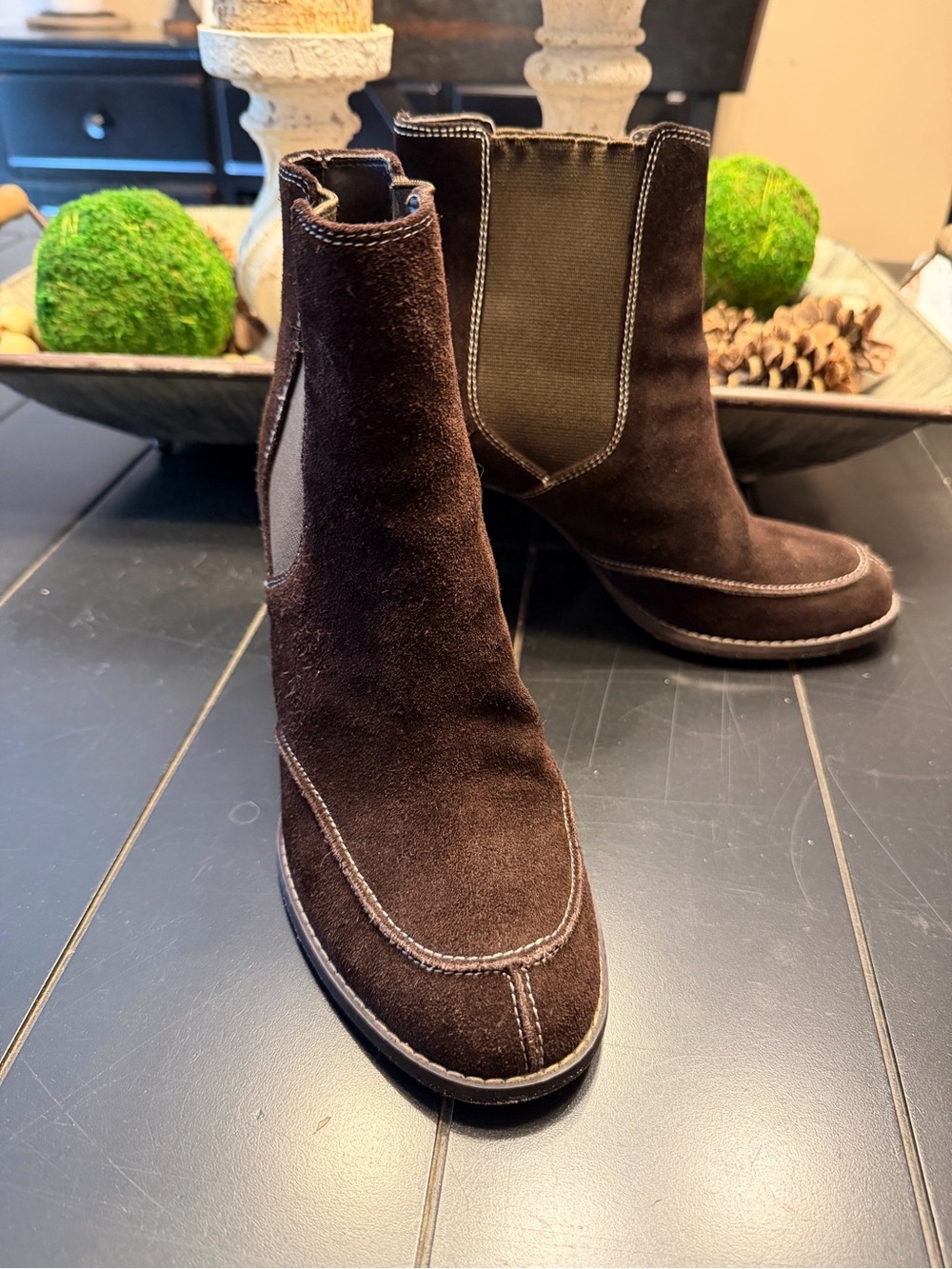 Laura Ashley Dark Chocolate Suede Ankle Booties with Block Heel